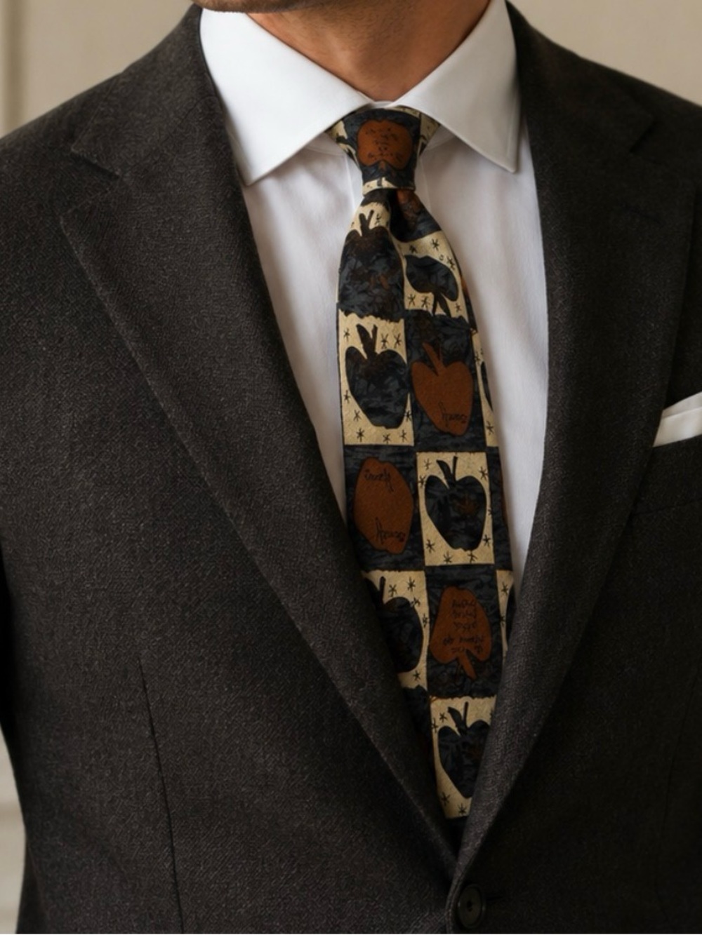 Structure Beige Tie with Navy & Brown Apple Motif